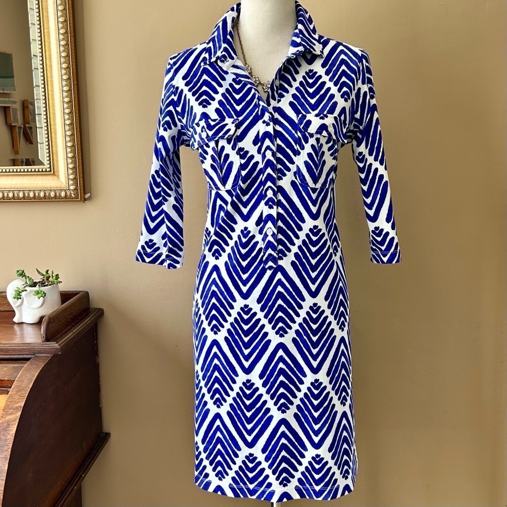 Persifor Winpenny Arrowhead Print Shirt Dress 3/4 Sleeve Geometric Blue White M